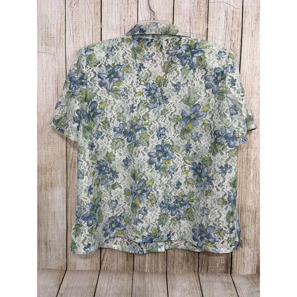 Vtg Sheer Floral Lace Top Button Up 16W Blue Green Pastel Cottagecore Romantic - Picture 7 of 8